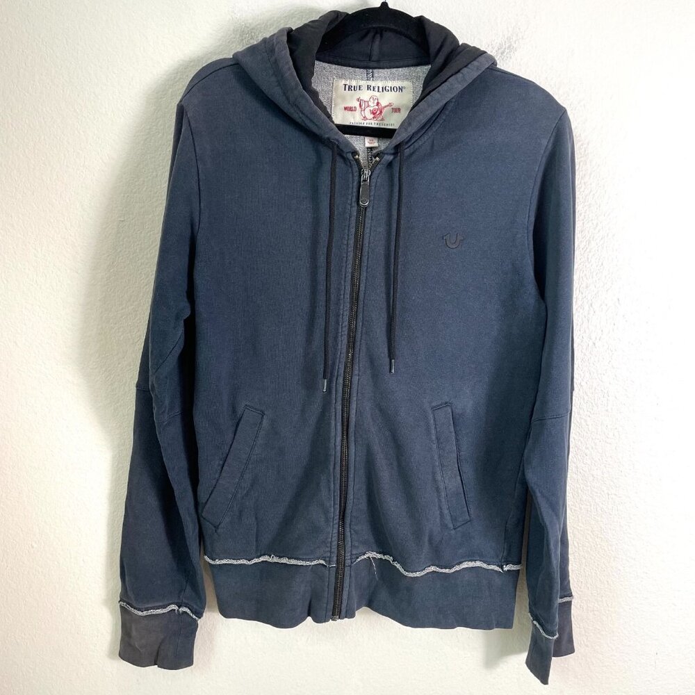 True Religion Mens Small Navy Zip Up Hoodie Jacket Distressed